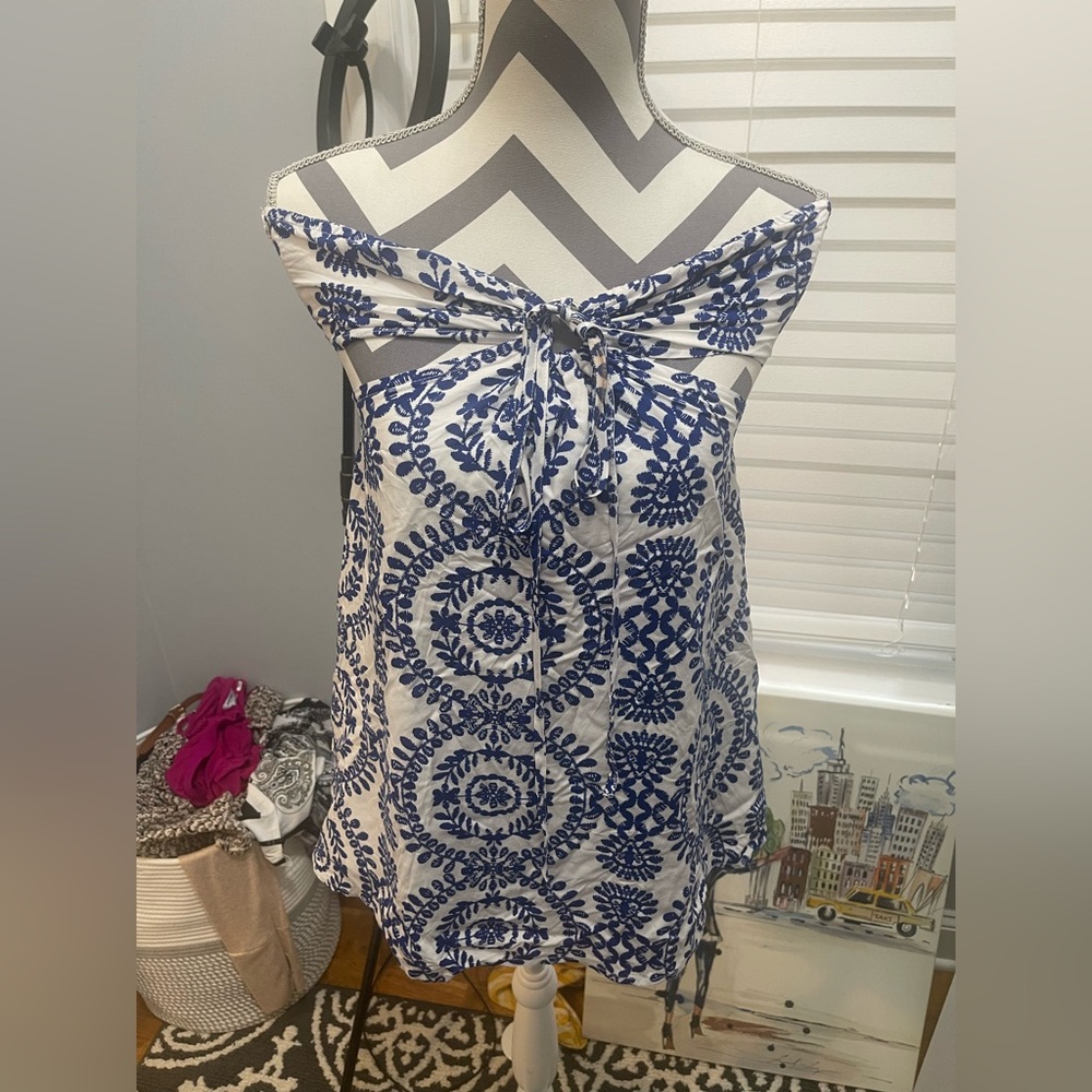 SHEIN White & Blue Off-Shoulder Tie-Front Medallion Print Blouse